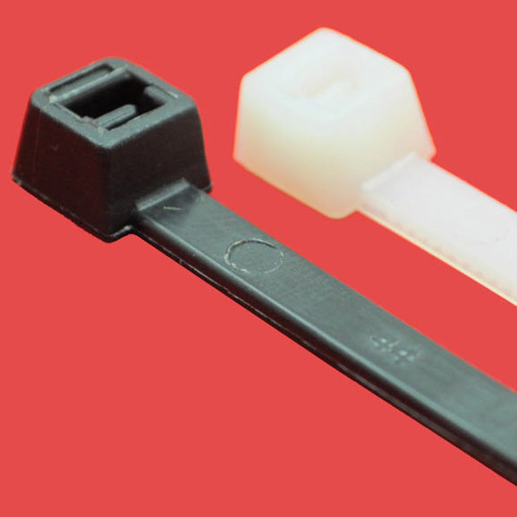 UV heat stabilised cable ties locking heads - black and natural on red background