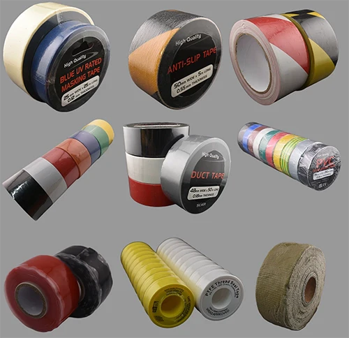 Assorted rolls of tapes including parcel tape, duct tape, hazard tape, electrical tape, PTFE tape, petro tape, and marking tapes from the JCT commercial tape collection