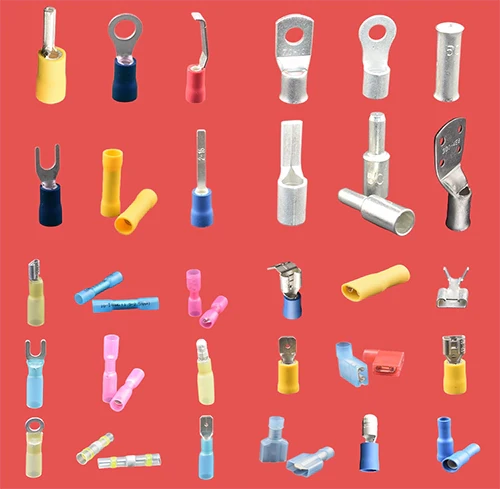 Assorted crimp terminal connectors including pre-insulated terminals, heat shrink connectors, quick disconnects, heavy-duty crimps, and bootlace ferrules for electrical wiring applications.