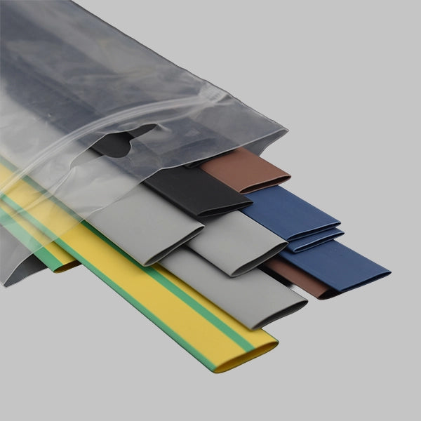 This pack contains 15 pieces of 12.7 mm electrical heat shrink. These are 250 mm x 12.7 mm heat shrink tubing in 3 of each of the following colours: black, blue, brown, grey & green/yellow