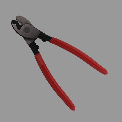 Red-handled 38mm cable cutters with sharp steel blades on grey background