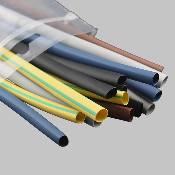 A mixed pack of 6.4 mm electrical heat shrink. This pack contains 15 pieces of 250 mm long, 6.4 mm diameter heat shrink tubing: 3 pieces of each of the following colours: black, blue, brown, grey & green/yellow