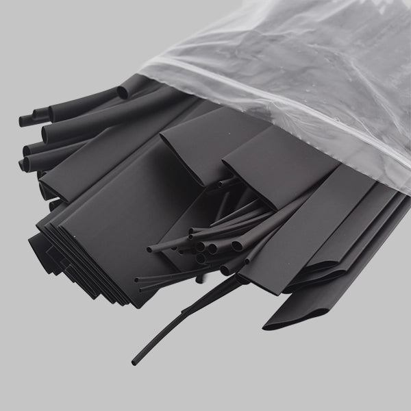 This images is of 100 pieces of assorted 2:1 heat shrink tubing in various sizes, all 200mm long. This is all black heat shrink in sizes that range from 1.2mm - 19.1mm in diameter