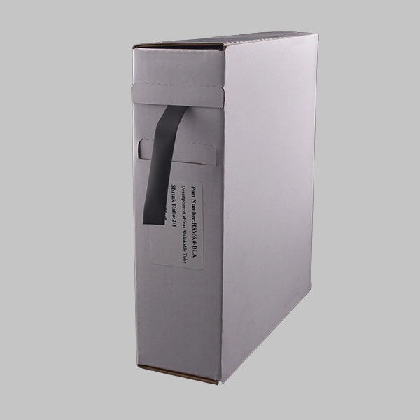 A white box containing 2:1 black heat shrink. This is a mini-reel of black heat shrink.