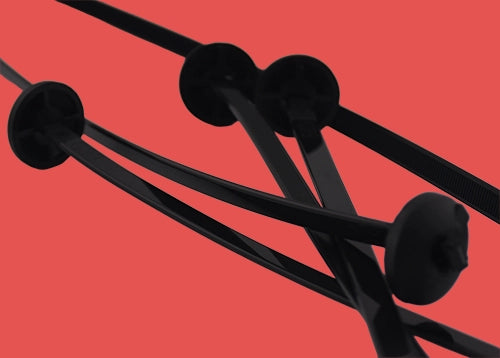 Group of button head chassis cable ties showing front and back of locking head design