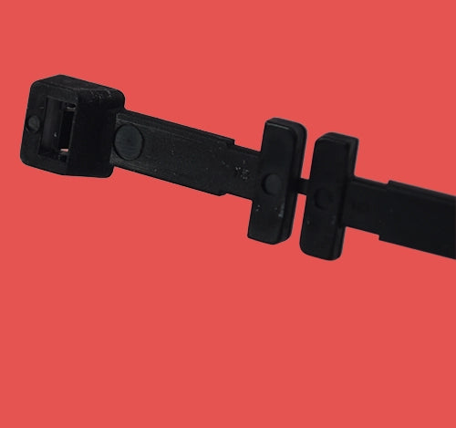 Side view of a cable tray fixing tie highlighting the mounting profile and locking head for cable management systems