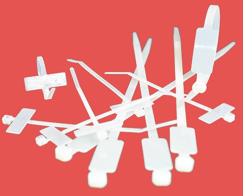 A group of cable marker ties in both 100mm x 2.5mm and 190mm x 4.6mm sizes showing horizontal and vertical writing tabs for wire labelling.