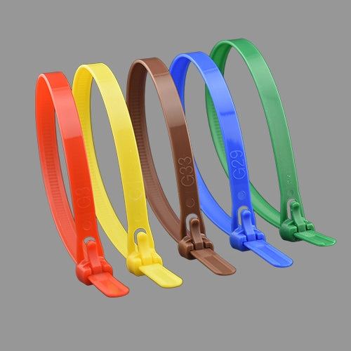 Five coloured trigger releasable cable ties showing blue, brown, green, red and yellow with release mechanisms facing forward