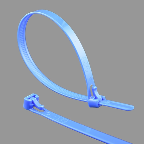 Blue trigger releasable cable tie - one formed in loop showing trigger mechanism, one laying flat displaying 250mm length