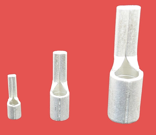 Three copper pin terminals in different sizes, standing upright, front view.