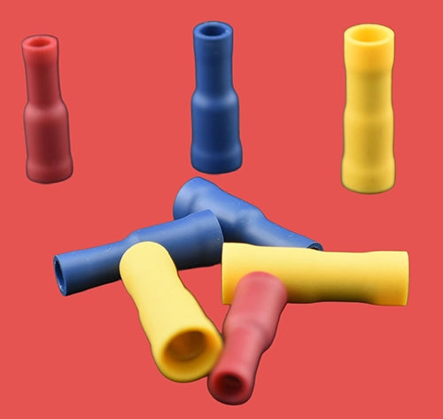 Assorted pre-insulated female bullet crimps in red, blue, and yellow.