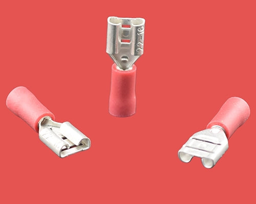 Red pre-insulated female spade connectors for 0.5–1.5mm² wire sizes.