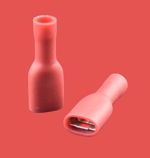 Red fully insulated female spade connectors for 0.5–1.5mm² wire sizes.