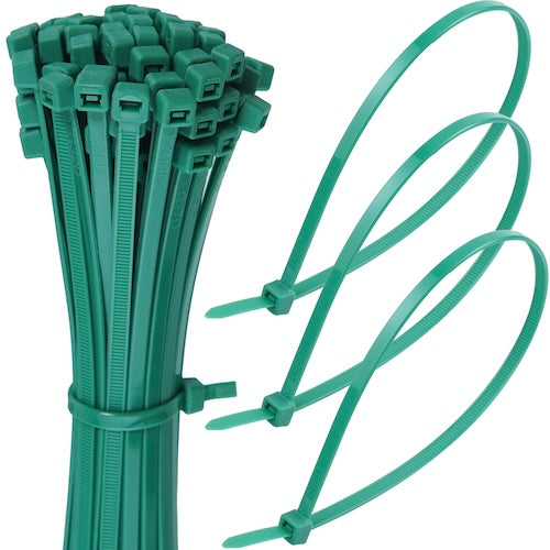 Bundle of green cable ties with three green zip ties looped next to it on a white background.