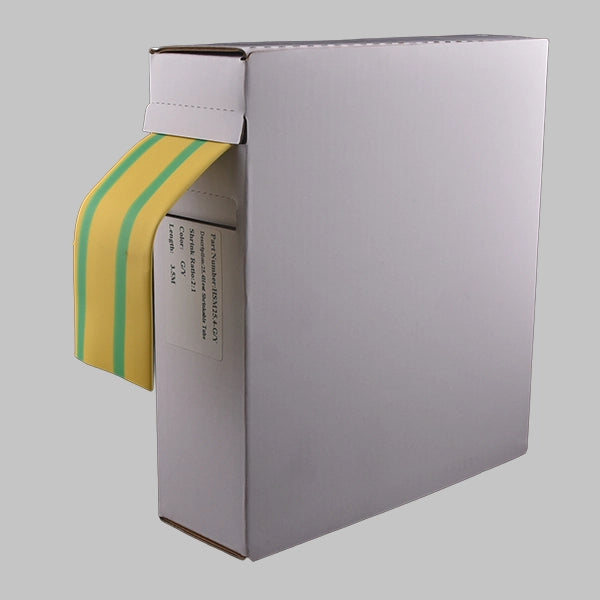 A white box containing 2:1 Green/Yellow heat shrink. This is a mini-reel of Green/Yellow heat shrink tubing, used to denote earth or ground cables.