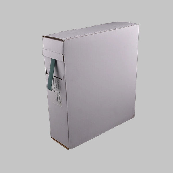 This image show a white box with a green roll of heat shrink. This is a 2:1 heat shrink tubing often used for colour identification or to denote ground or earth