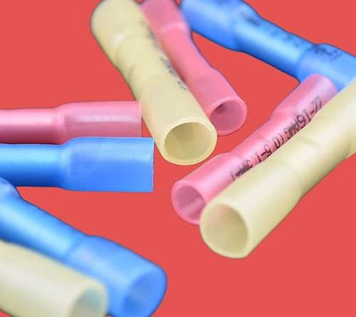 Assorted heat shrink butt connectors – red, blue, and yellow insulated crimp connectors for 0.5–6.0mm² cables