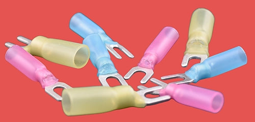 Assorted heat shrink fork connectors – red, blue, and yellow insulated crimp terminals for 0.5–6.0mm² cables