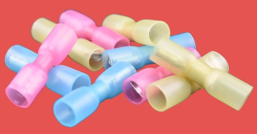 Assorted heat shrink fully insulated female spade connectors – red, blue, and yellow terminals for electrical cables (0.5–6.0mm²)