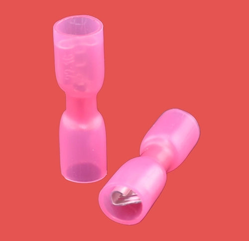Red heat shrink fully insulated female spade connectors – suitable for 0.5–1.5mm² cables, waterproof and flame retardant