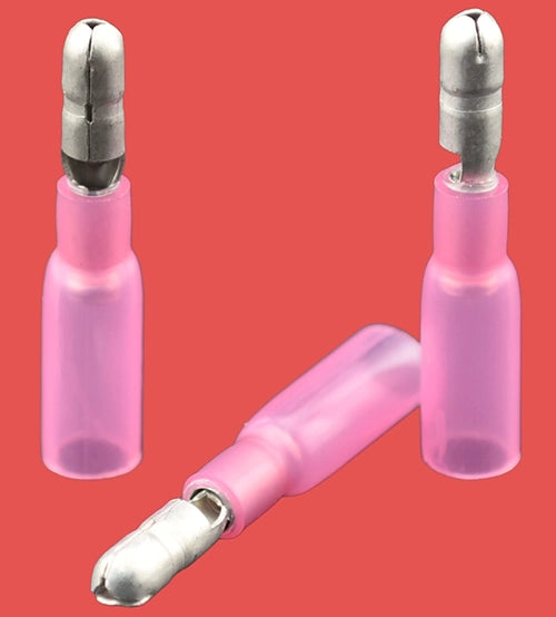 Red heat shrink male bullet connectors for 0.5–1.5mm² wire sizes.