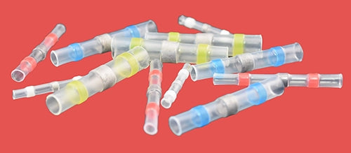 Assorted heat shrink solder butt connectors in white, red, blue, and yellow – waterproof wire splice terminals