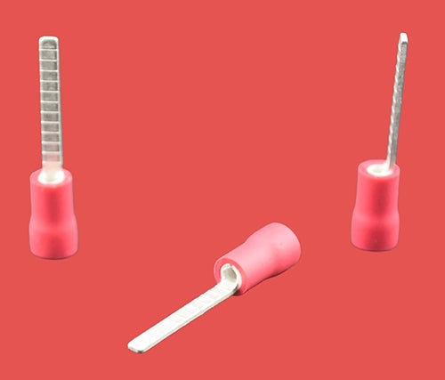 Red insulated blade terminals for 0.5–1.5mm² wire sizes.