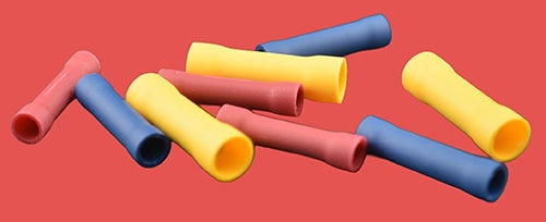 Assorted pre-insulated butt connectors in red, blue, and yellow.