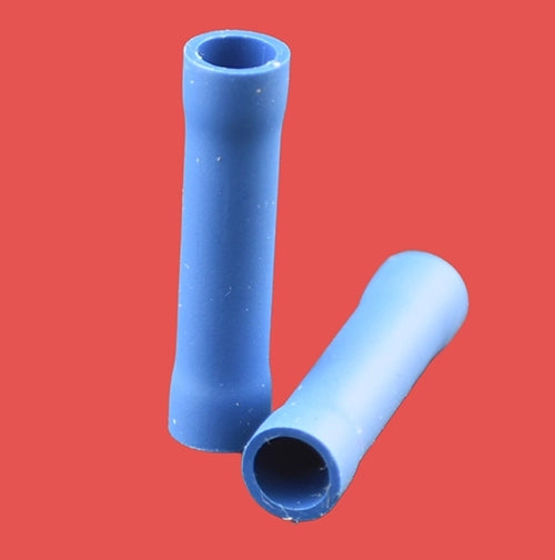 Blue insulated butt connectors for 1.5–2.5mm² wire sizes.