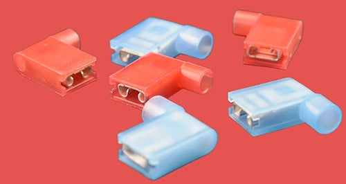 Assorted insulated flag terminals in red and blue, various orientations.