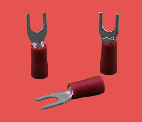 Red insulated fork terminals shown from three angles – vinyl crimp terminals for 22–16 AWG wire connections.