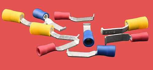 Assorted insulated hook blade connectors in red, blue, and yellow.