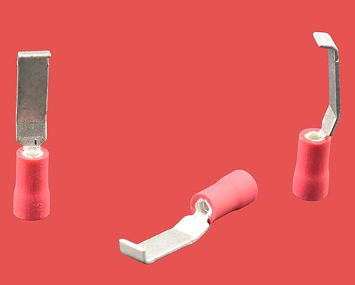 Red insulated hook blade connectors for 0.5–1.5mm² wire sizes.