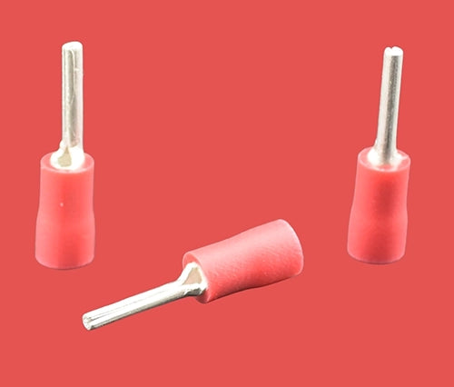 Red pre-insulated pin crimps for 0.5–1.5mm² wire sizes.