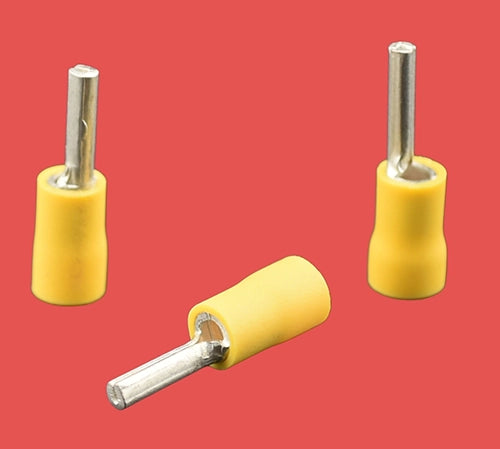 Yellow pre-insulated pin crimps for 4.0–6.0mm² wire sizes.