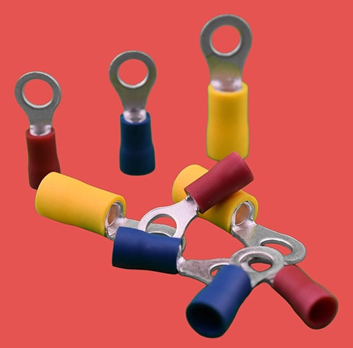 Assorted insulated ring terminals in red, blue, and yellow.
