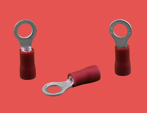 Red insulated ring terminals for 0.5–1.5mm² wire sizes.