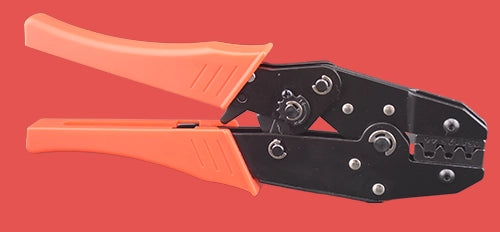 Uninsulated receptacle and tab crimper featuring red grip handles and black precision die head, designed for crimping female receptacles and male spade terminals, wire range 0.5mm² to 6mm²