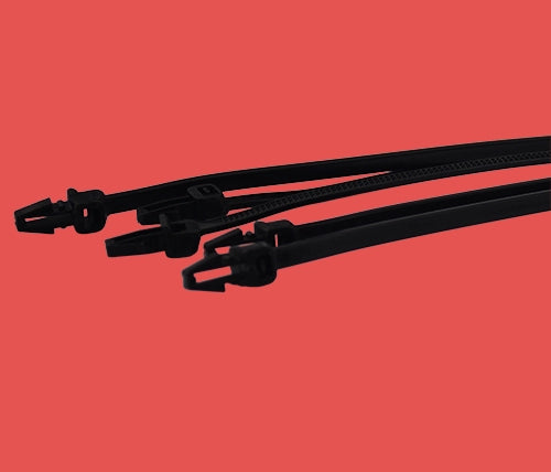Group of black standard push mount cable ties with panel mounting heads – ideal for electrical and automotive applications
