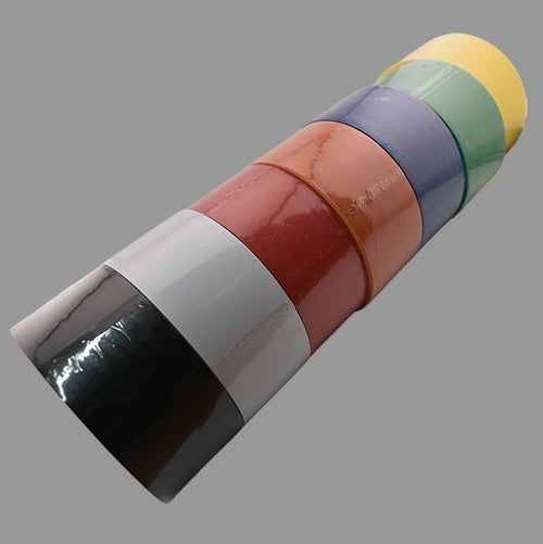 Seven line marking tapes in black, white, red, orange, blue, green, and yellow side by side.