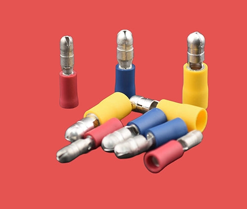 Assorted pre-insulated male bullet crimps in red, blue, and yellow.