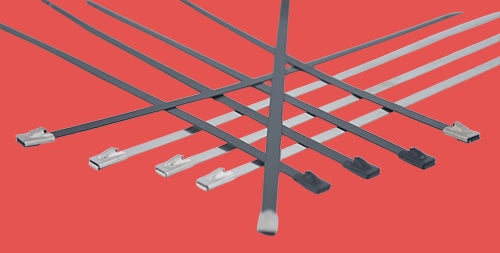 Flat lay of uncoated, PVC coated, and epoxy coated stainless steel cable ties side by side