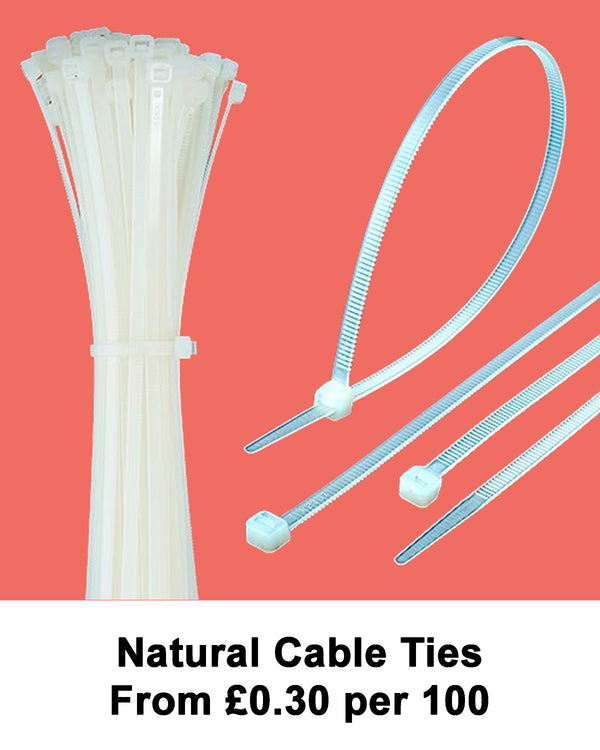 Bundle and looped natural cable ties made from Nylon 66, translucent white colour, sizes 2.5 mm–12.7 mm, red background. Text reads “Natural Cable Ties From £0.30 per 100.”