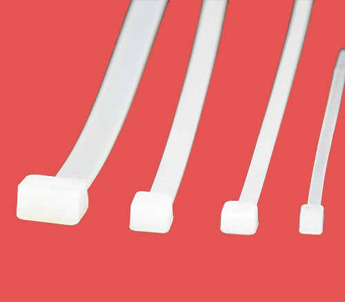 Four natural nylon cable ties in varying widths on red background
