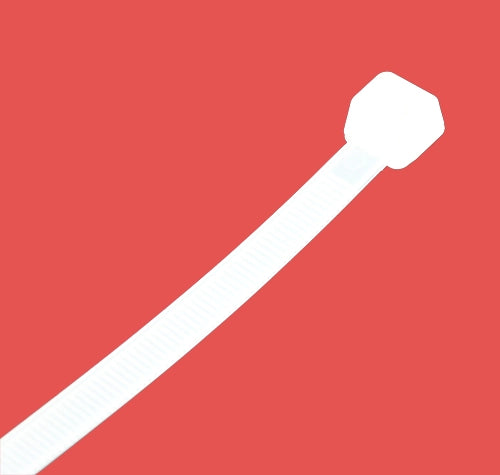 Close-up of single white cable tie showing self-locking head detail