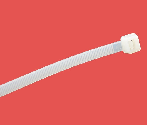 Side view of clear nylon zip tie highlighting locking teeth