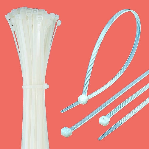 A bundle of natural cable ties, these are clear or white in colour. also a lopped nylon zip tie to show the locking head in action and three natural zip ties laying flat to show the cable tie tail and locking head.