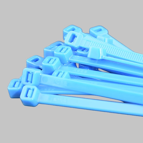 Neon blue cable ties bundle on grey background - fluorescent blue zip ties for cable identification and data centre applications