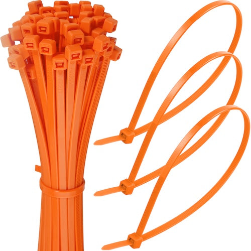Bundle of orange cable ties with three zipped orange ties looped beside it on a white background.