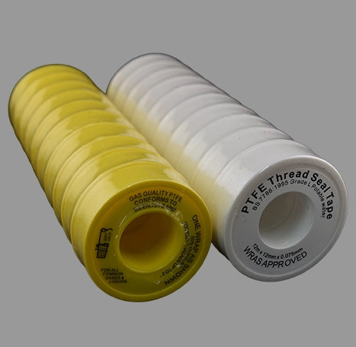 Pack of 10 yellow and 10 white PTFE tapes side by side.